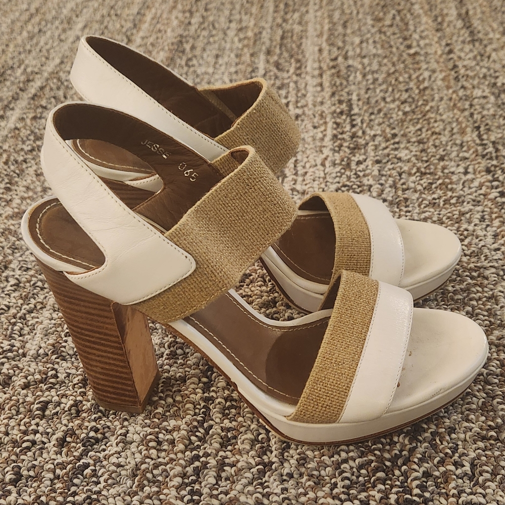 Donald J Pliner White and Tan Chunky Heel Jesse Sandals